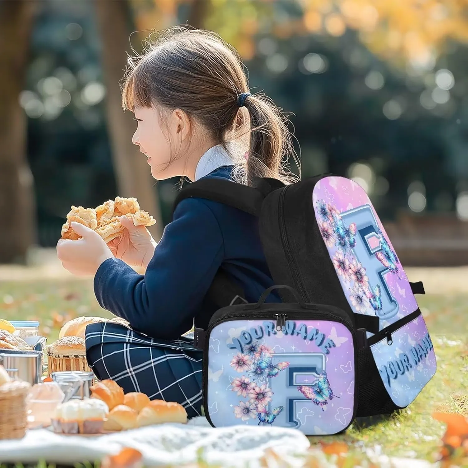 ZOUTAIRONG Kids Backpacks for Girls Personalized Large Capacity School Bag and Removable Dining Bag, Letter F Print Casual Bookbag with Side Pockets
