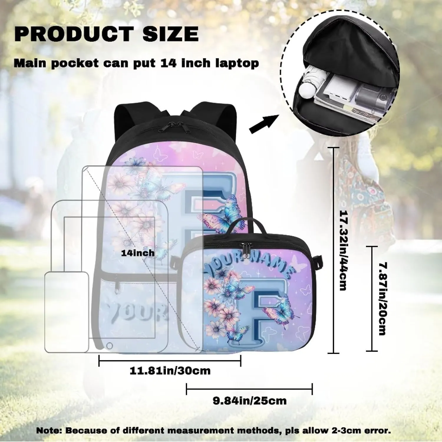ZOUTAIRONG Kids Backpacks for Girls Personalized Large Capacity School Bag and Removable Dining Bag, Letter F Print Casual Bookbag with Side Pockets