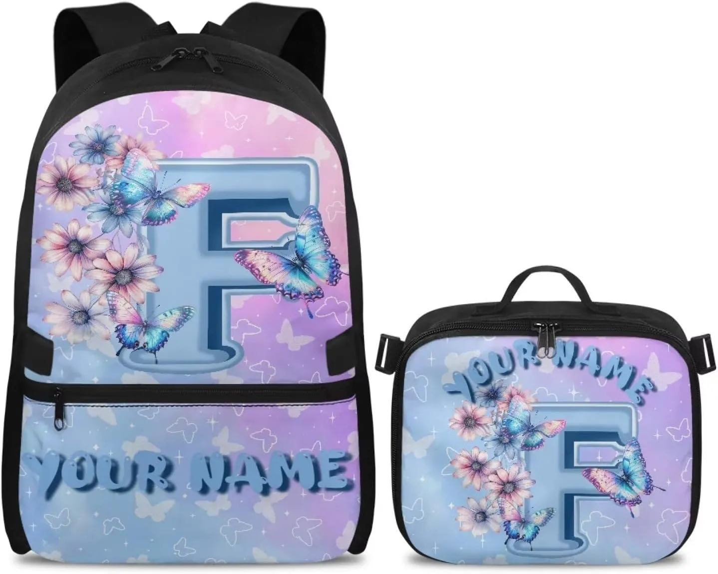 ZOUTAIRONG Kids Backpacks for Girls Personalized Large Capacity School Bag and Removable Dining Bag, Letter F Print Casual Bookbag with Side Pockets