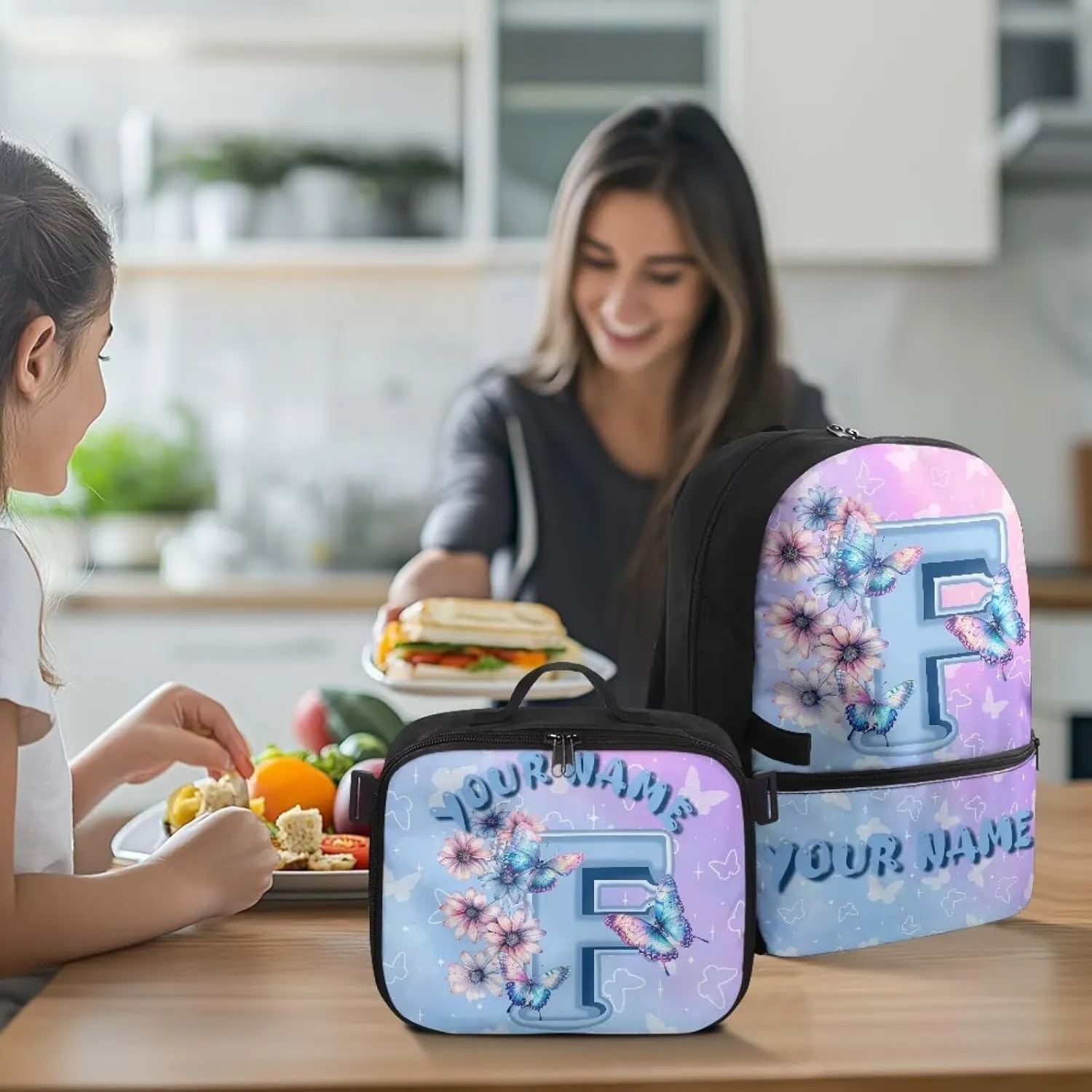 ZOUTAIRONG Kids Backpacks for Girls Personalized Large Capacity School Bag and Removable Dining Bag, Letter F Print Casual Bookbag with Side Pockets