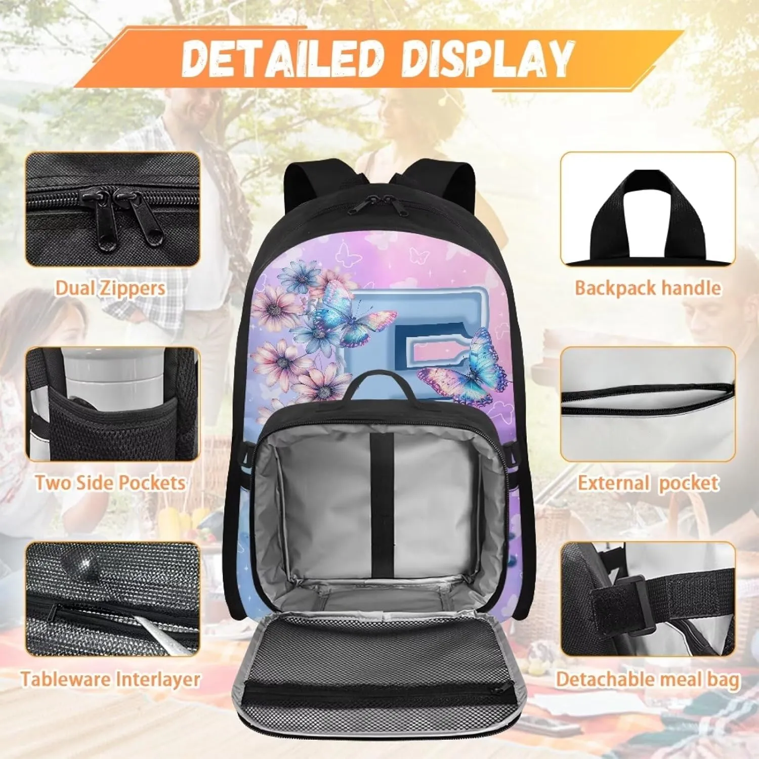 ZOUTAIRONG Kids Backpacks for Girls Personalized Large Capacity School Bag and Removable Dining Bag, Letter F Print Casual Bookbag with Side Pockets