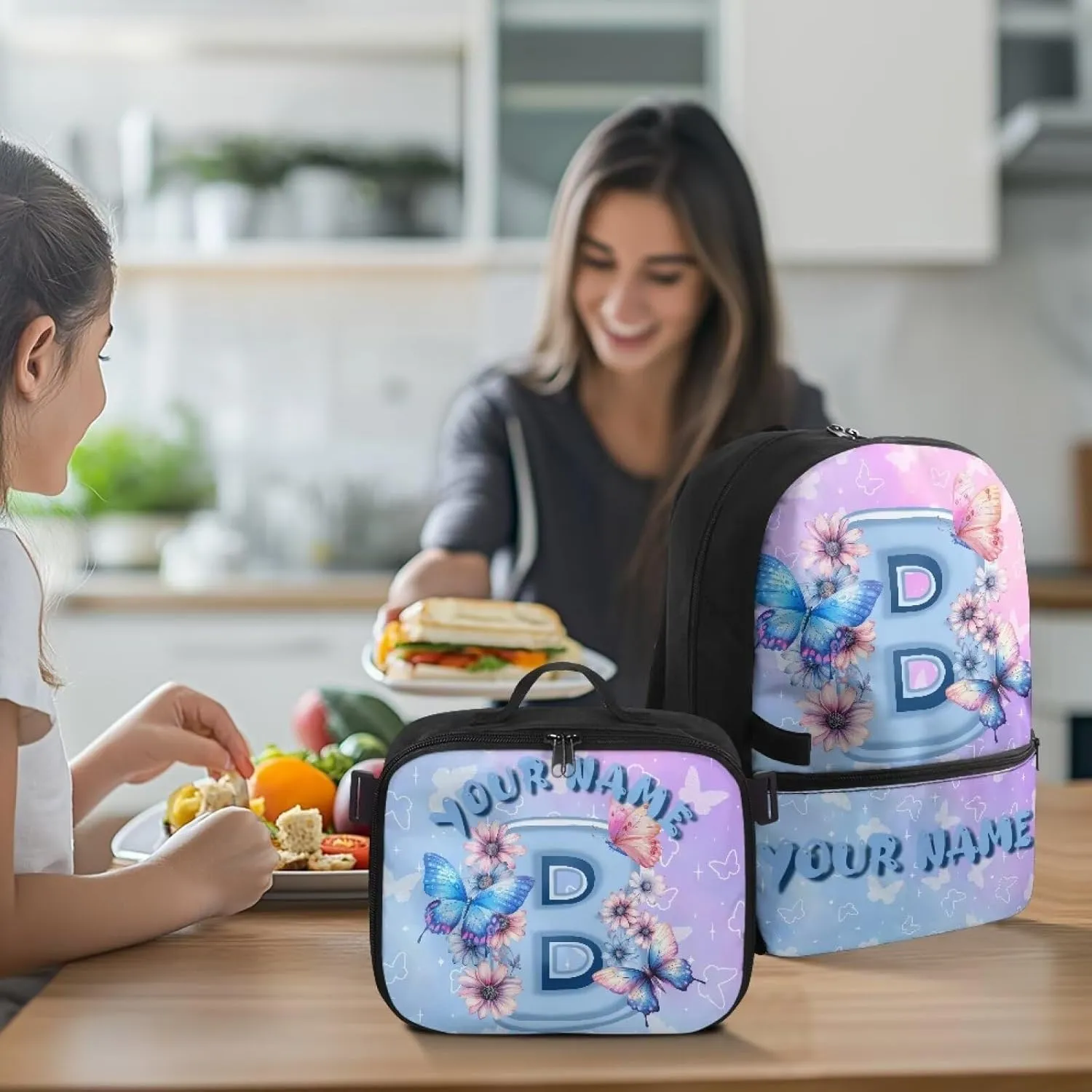 ZOUTAIRONG School Bags for Girls 7-10/10-12/12-16, Letter B Print Cute Kids Backpacks Large Capacity School Bag with Removable Dining Bag Design