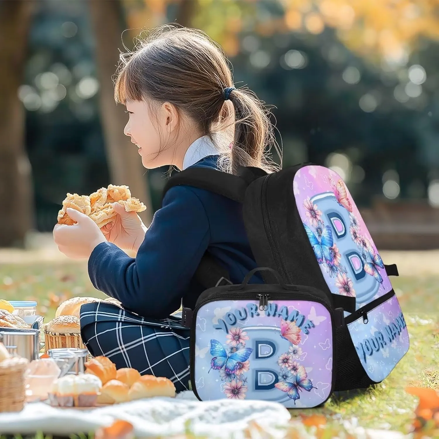 ZOUTAIRONG School Bags for Girls 7-10/10-12/12-16, Letter B Print Cute Kids Backpacks Large Capacity School Bag with Removable Dining Bag Design