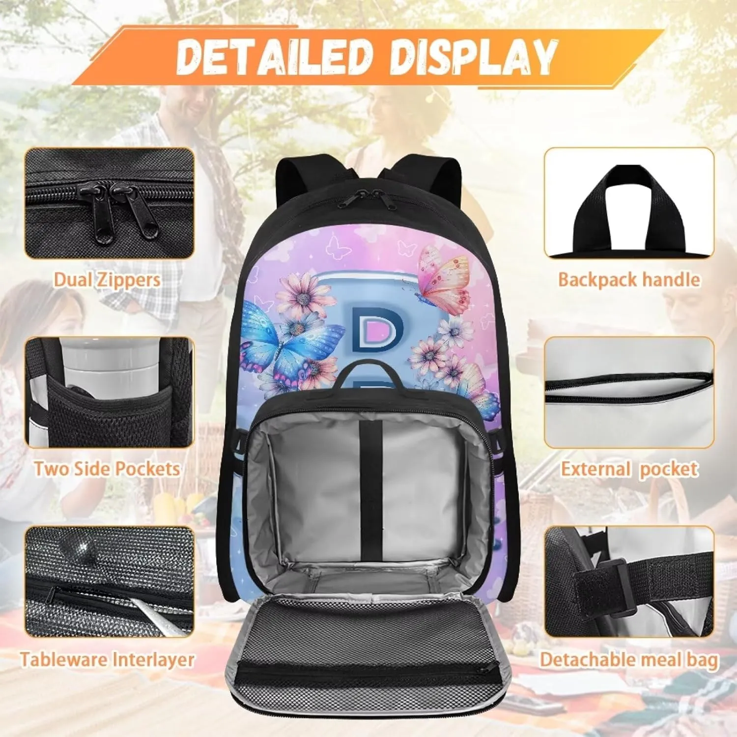 ZOUTAIRONG School Bags for Girls 7-10/10-12/12-16, Letter B Print Cute Kids Backpacks Large Capacity School Bag with Removable Dining Bag Design