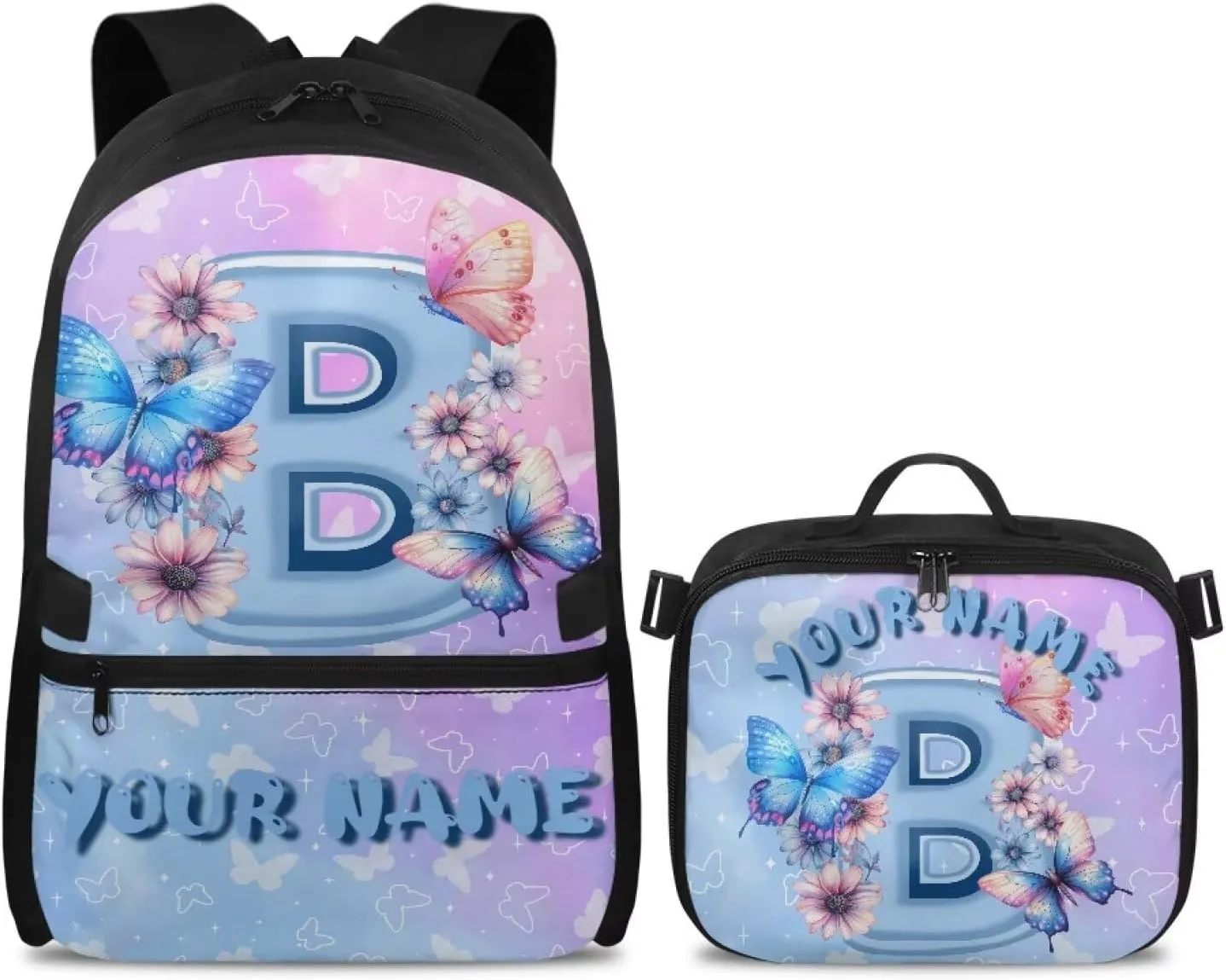 ZOUTAIRONG School Bags for Girls 7-10/10-12/12-16, Letter B Print Cute Kids Backpacks Large Capacity School Bag with Removable Dining Bag Design